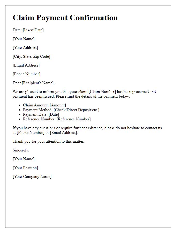 Letter template of claim payment confirmation