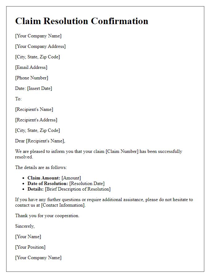 Letter template of claim resolution confirmation