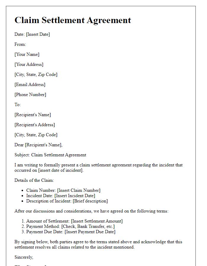 Letter template of claim settlement agreement