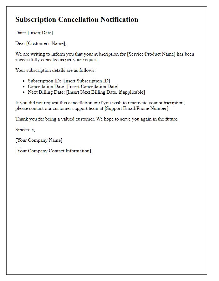 Letter template of subscription cancellation notification