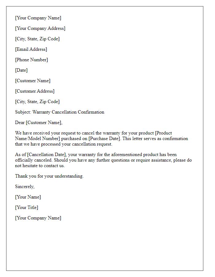 Letter template of warranty cancellation confirmation