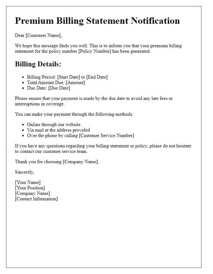 Letter template of premium billing statement notification