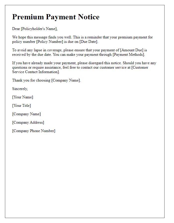 Letter template of premium payment notice