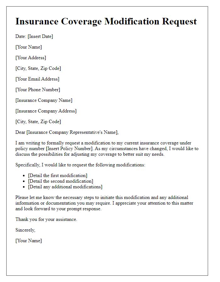 Letter template of insurance coverage modification request