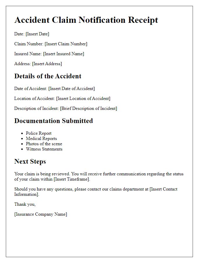 Letter template of accident claim notification receipt