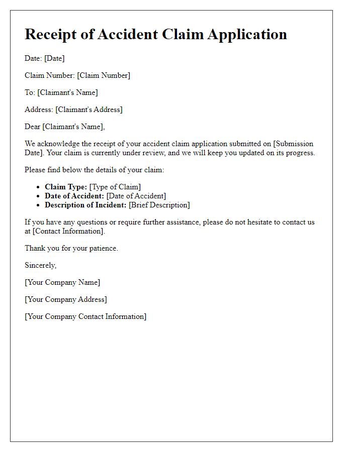 Letter template of receipt for your accident claim application