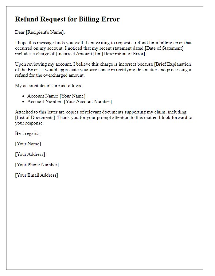 Letter template of refund request for billing error.