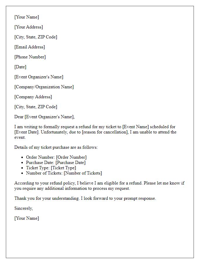 Letter template of refund request for event ticket cancellation.