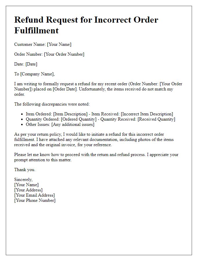 Letter template of refund request for incorrect order fulfillment.