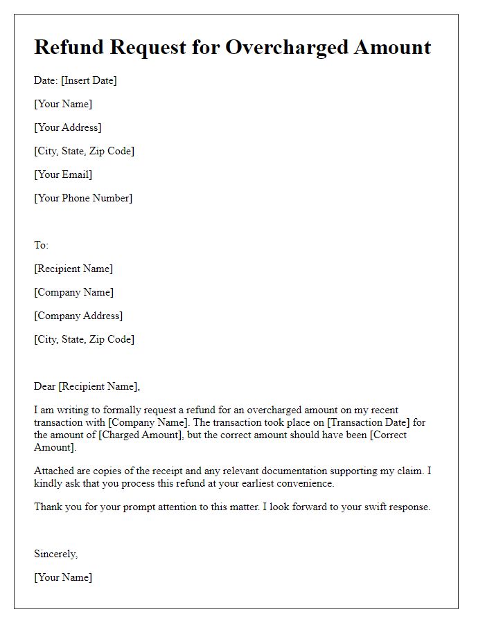 Letter template of refund request for overcharged amount.