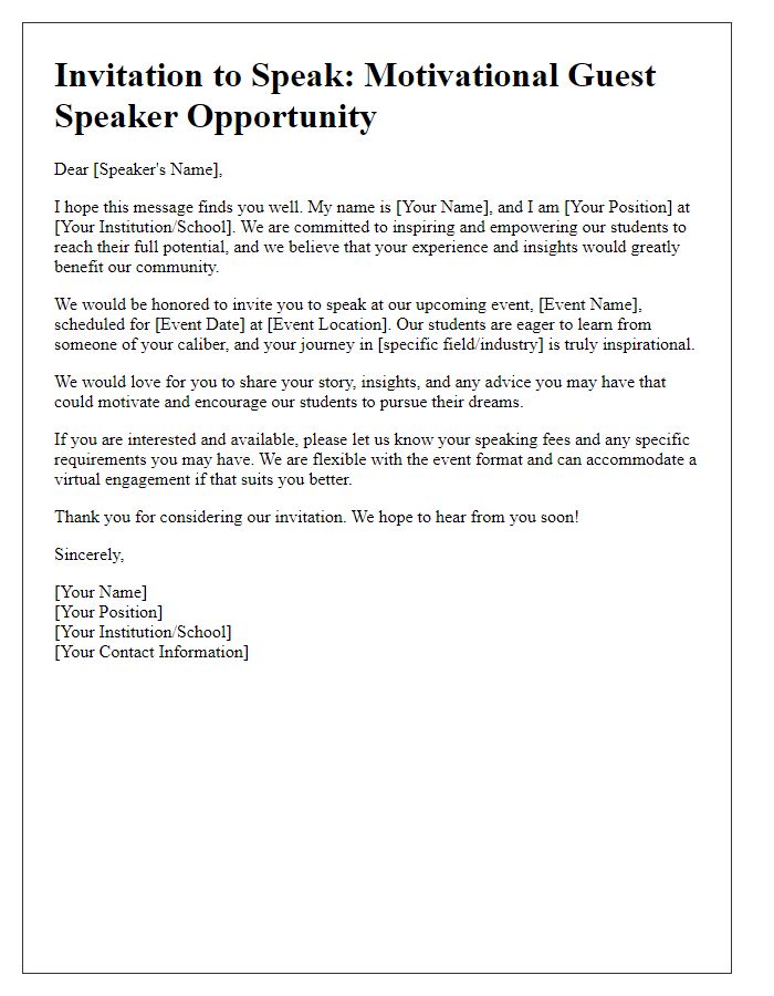 Letter template of outreach for motivational guest speaker for students.