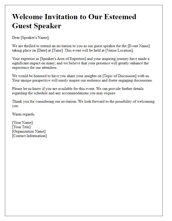 Letter template of welcome invitation for inspirational guest speaker.