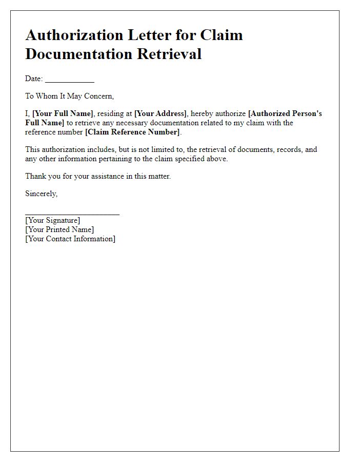 Letter template of authorization for claim documentation retrieval