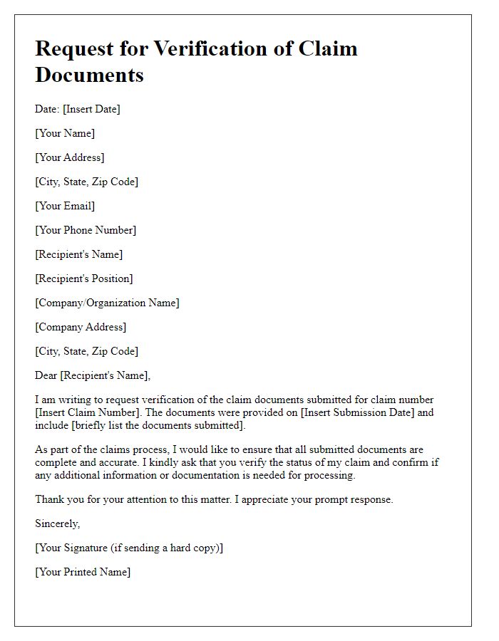 Letter template of request for verification of claim documents