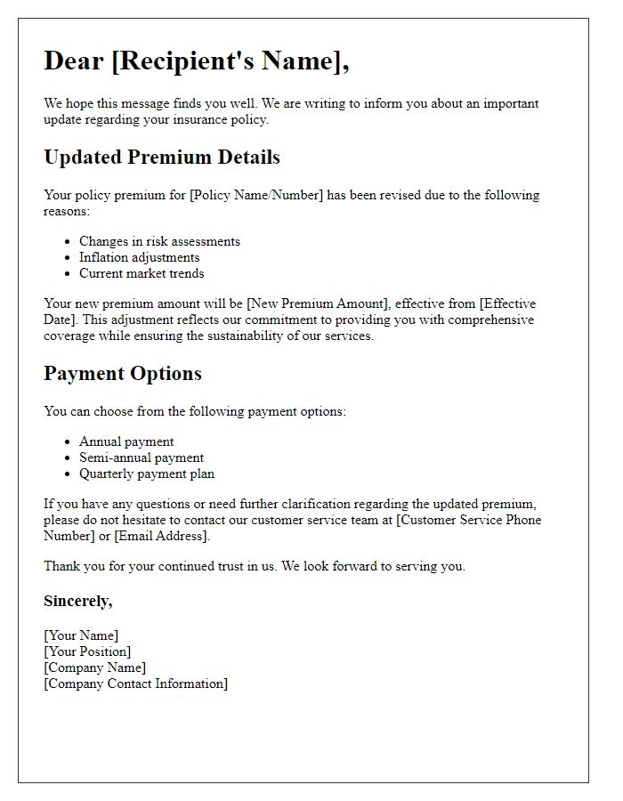 Letter template of updated policy premium explanation