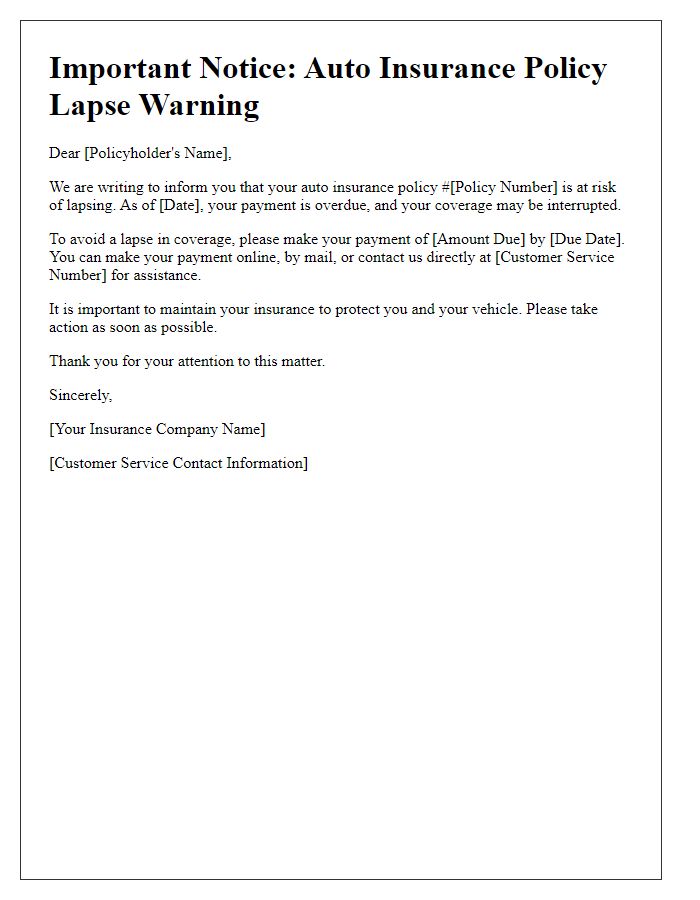 Letter template of auto insurance policy lapse warning