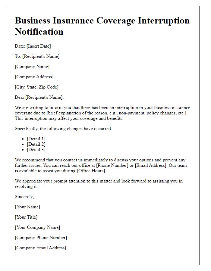 Letter template of business insurance coverage interruption notification