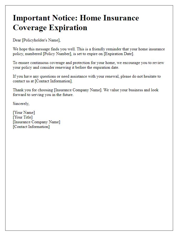 Letter template of home insurance coverage expiration alert