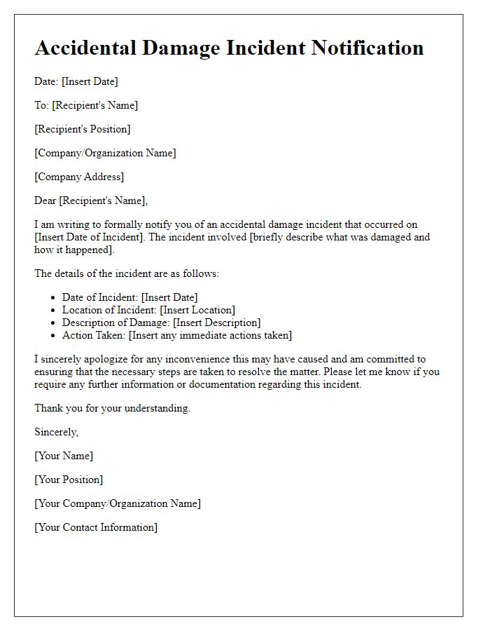 Letter template of Accidental Damage Incident Notification