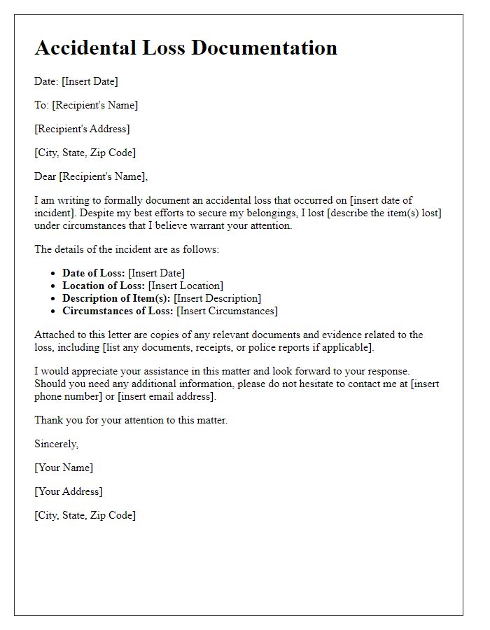 Letter template of Accidental Loss Documentation