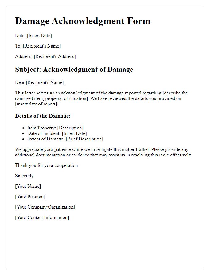 Letter template of Damage Acknowledgment Form