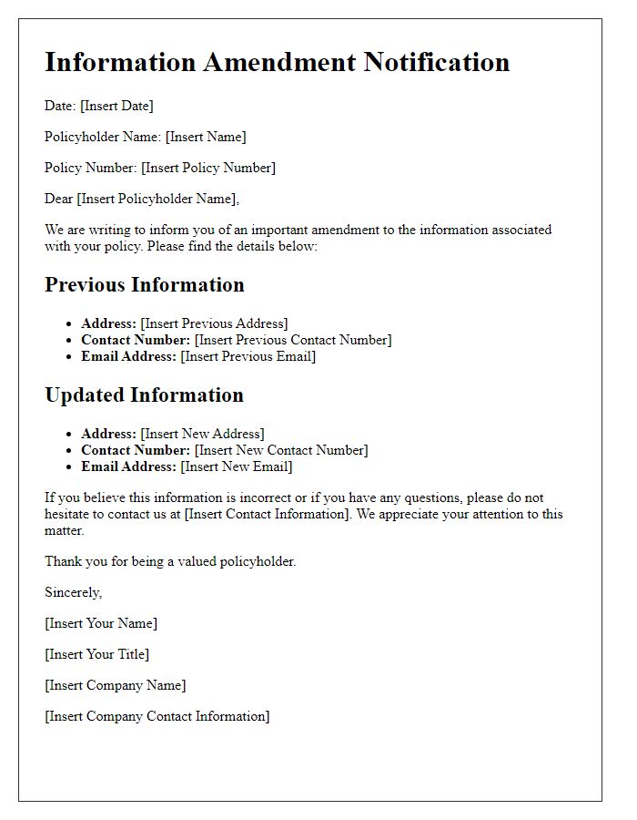 Letter template of information amendment for policyholder