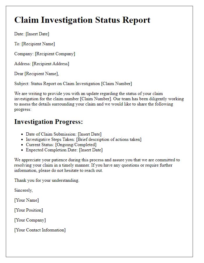 Letter template of claim investigation status report