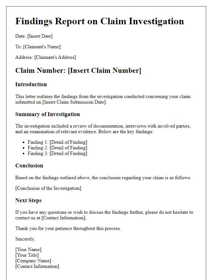 Letter template of findings on claim investigation