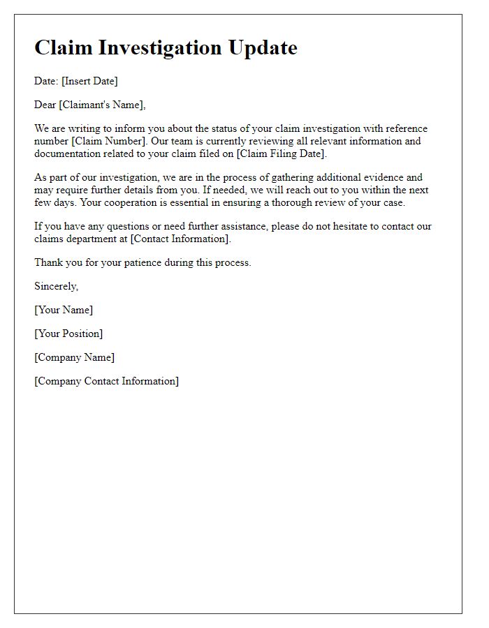 Letter template of information regarding your claim investigation