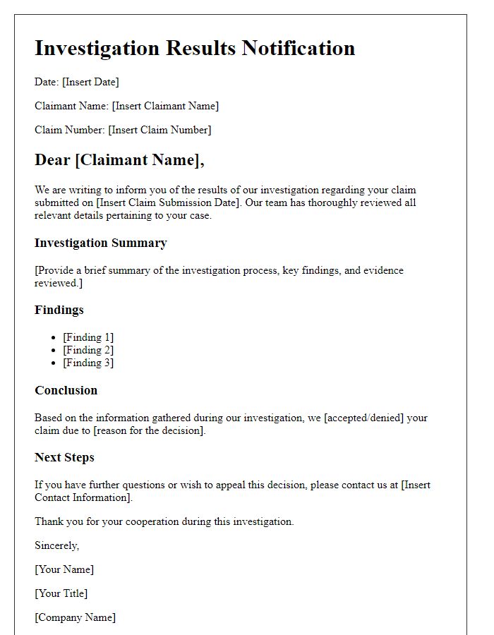 Letter template of investigation results related to your claim