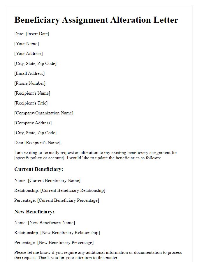 Letter template of beneficiary assignment alteration