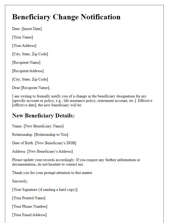 Letter template of beneficiary change notification