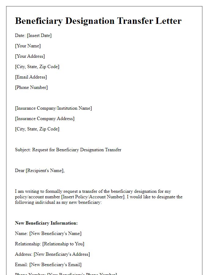 Letter template of beneficiary designation transfer