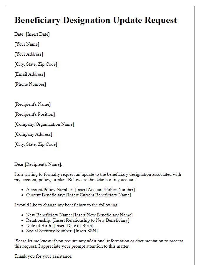 Letter template of beneficiary designation update request