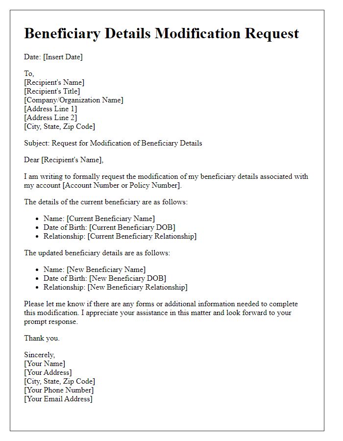 Letter template of beneficiary details modification