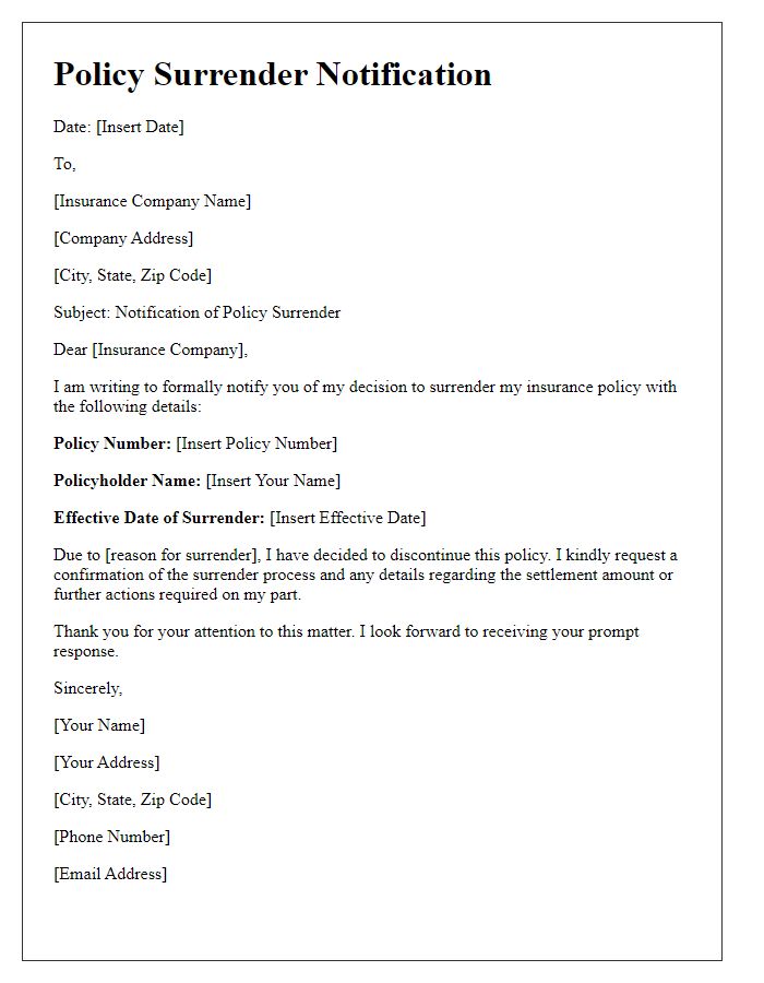 Letter template of policy surrender notification