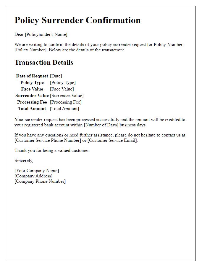 Letter template of policy surrender transaction details