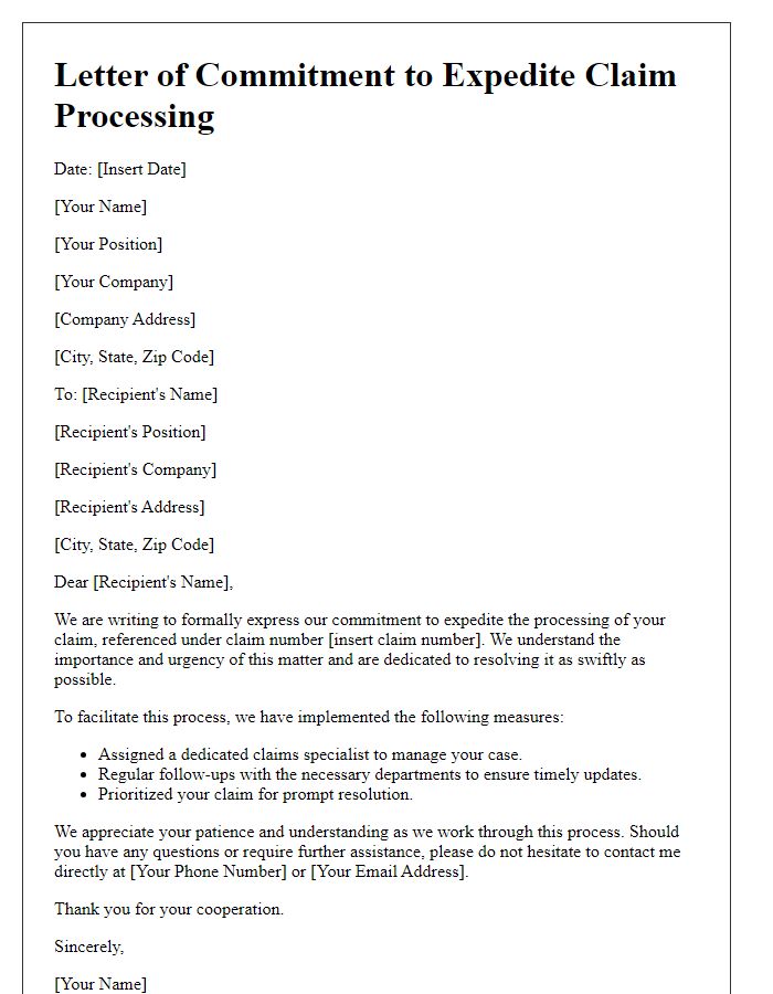 Letter template of commitment to expedite claim processing