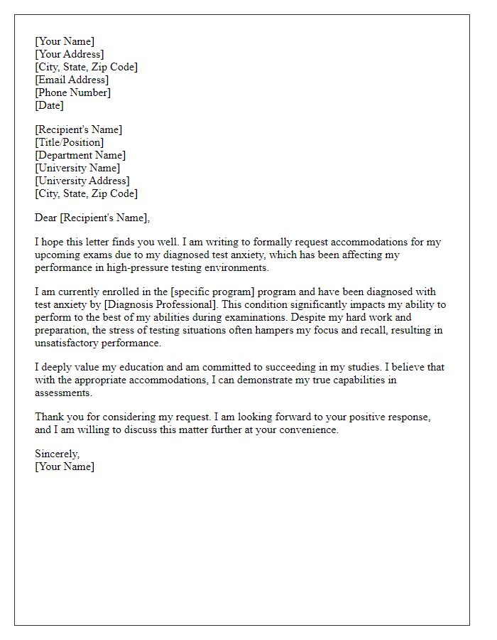 Letter template of appeal for test anxiety accommodations in graduate school.