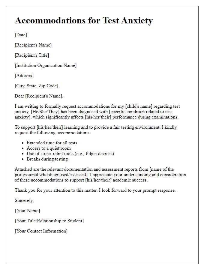 Letter template of documentation for test anxiety accommodations for special needs.