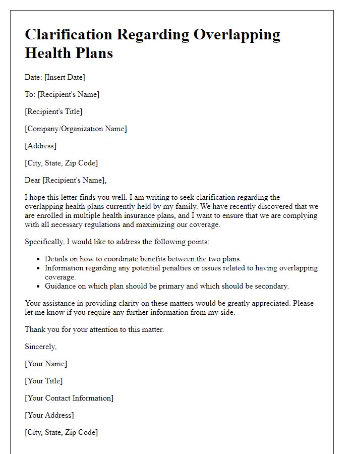 Letter template of clarification for overlapping health plans