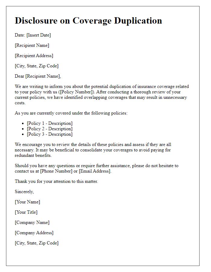 Letter template of disclosure on coverage duplication