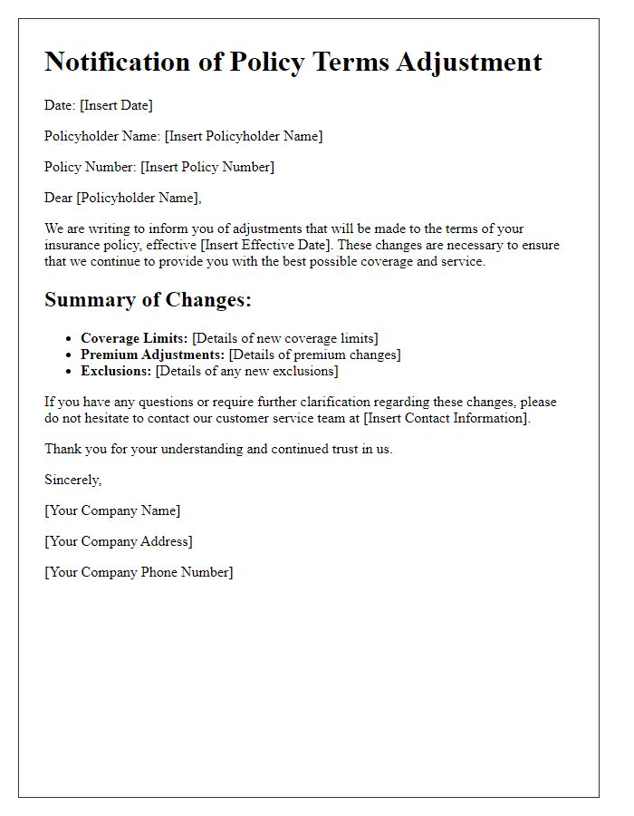 Letter template of adjustments to policy terms information.