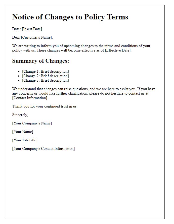 Letter template of changes in policy terms announcement.