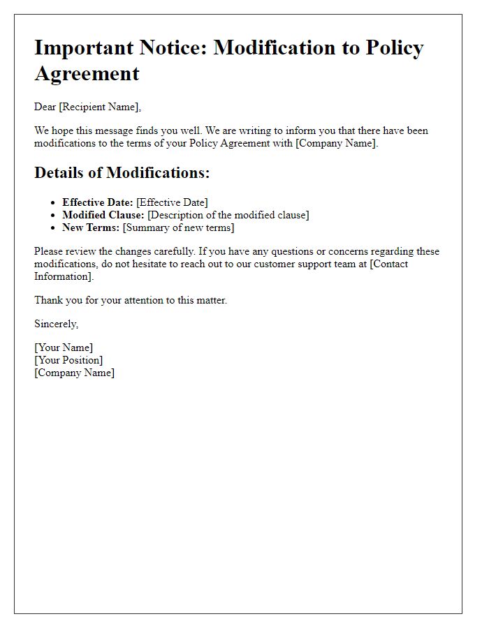 Letter template of modifications to policy agreement alert.