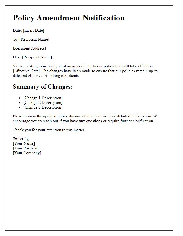 Letter template of policy amendment notification.