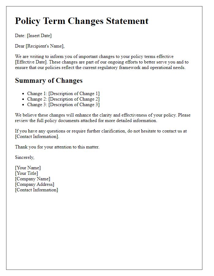 Letter template of policy term changes statement.