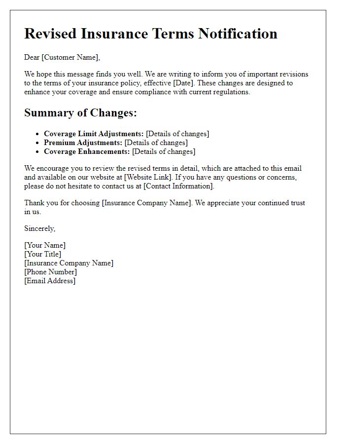 Letter template of revised insurance terms communication.