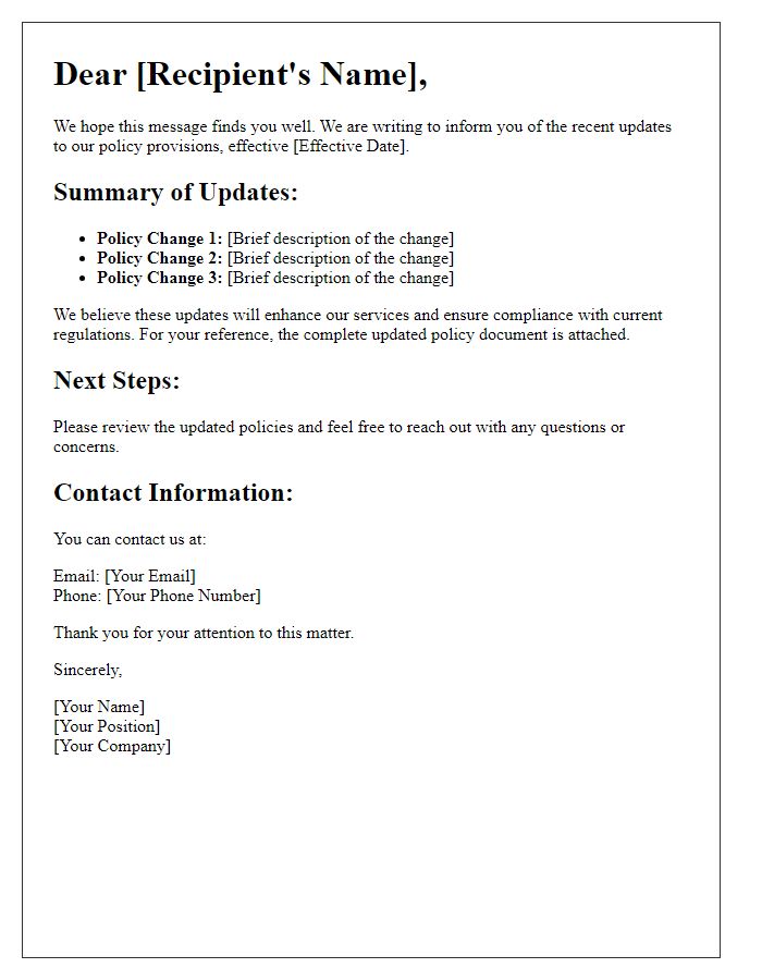 Letter template of updated policy provisions advisory.