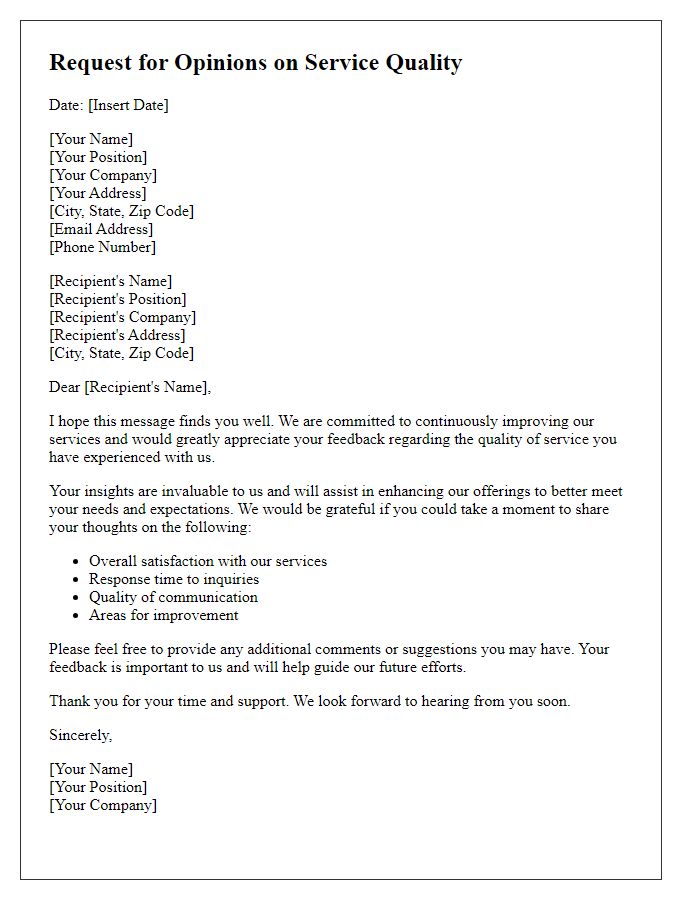 Letter template of request for opinions on service quality.